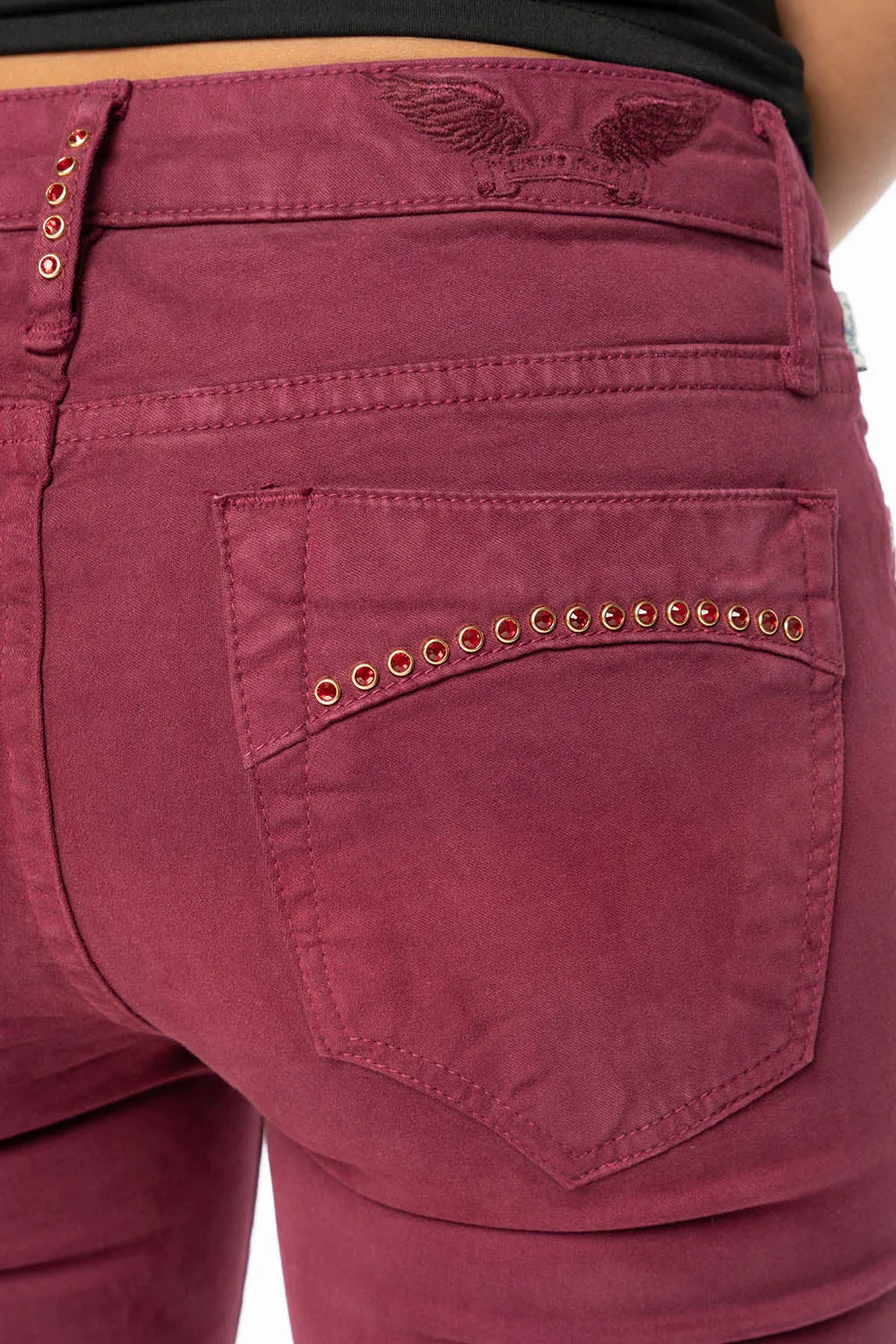 JANE MID RISE WOMENS SKINNY JEANS IN SANGRIA WASH WITH RED CRYSTALS sold by Robin's Jean product image thumbnail 4