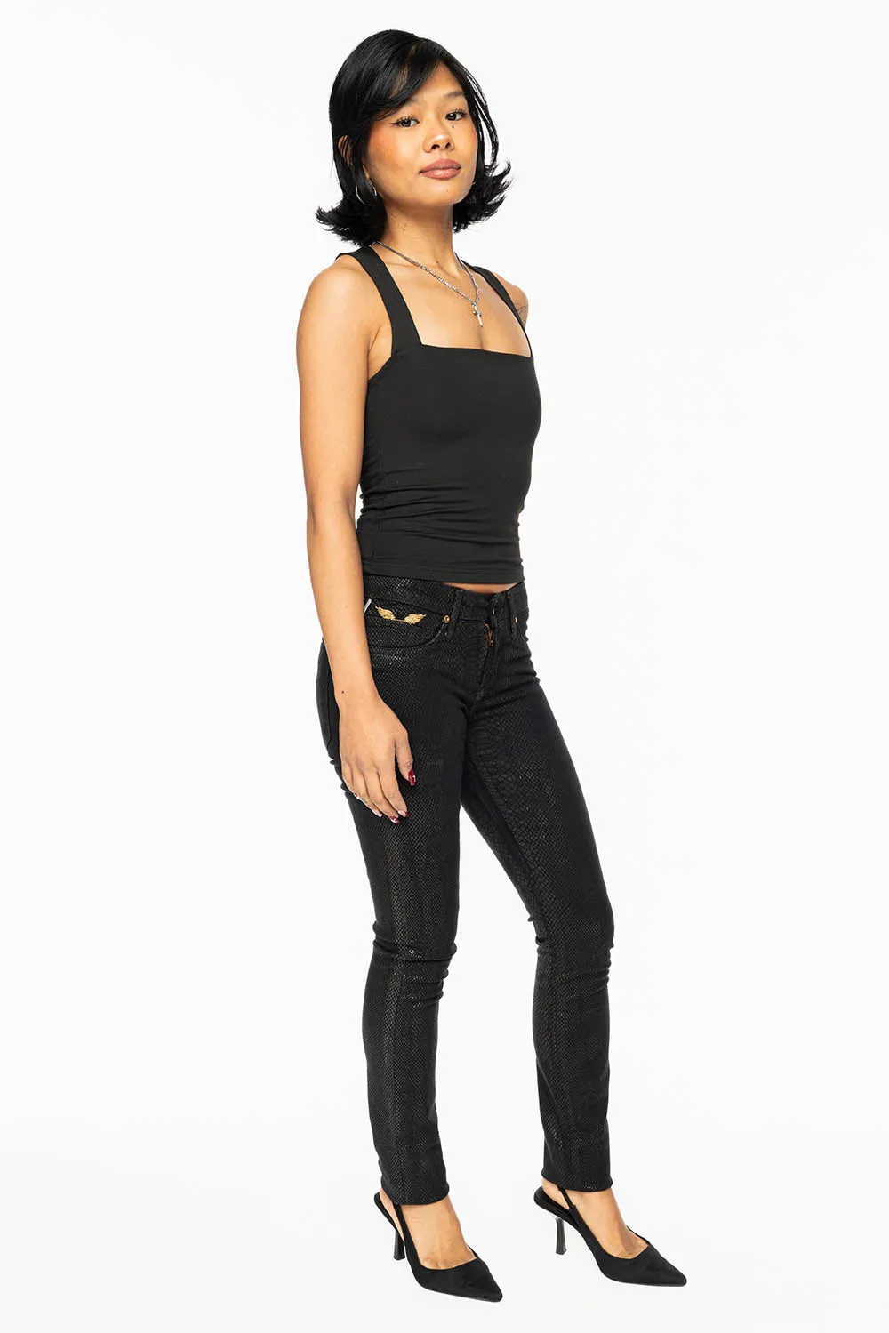 JANE MID RISE WOMENS SKINNY JEANS IN LIZARD BLACK sold by Robin's Jean product image thumbnail 5