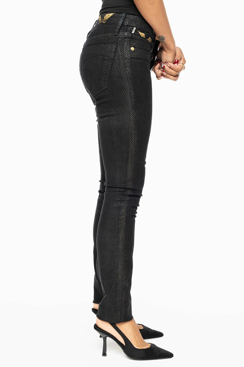 JANE MID RISE WOMENS SKINNY JEANS IN LIZARD BLACK sold by Robin's Jean