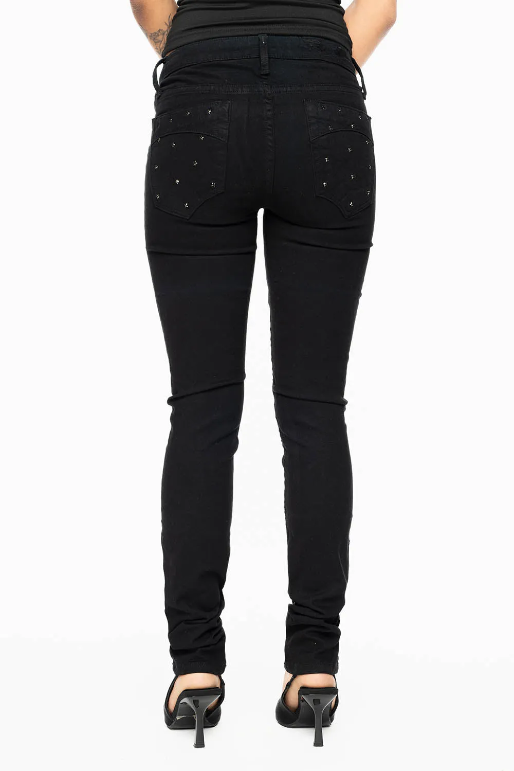JANE MID RISE WOMENS SKINNY JEANS IN Blk WASH WITH JET BLK CRYSTALS ALL OVER sold by Robin's Jean product image thumbnail 4