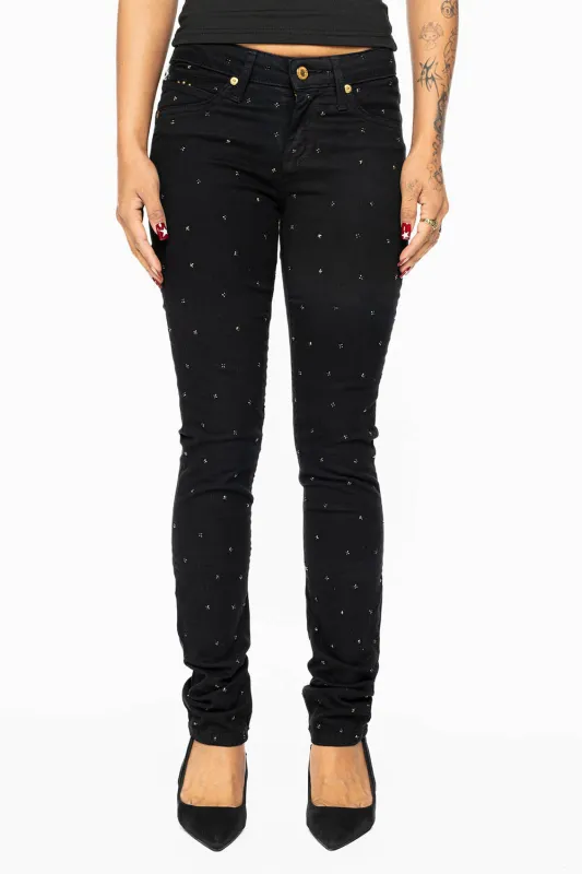 JANE MID RISE WOMENS SKINNY JEANS IN Blk WASH WITH JET BLK CRYSTALS ALL OVER sold by Robin's Jean