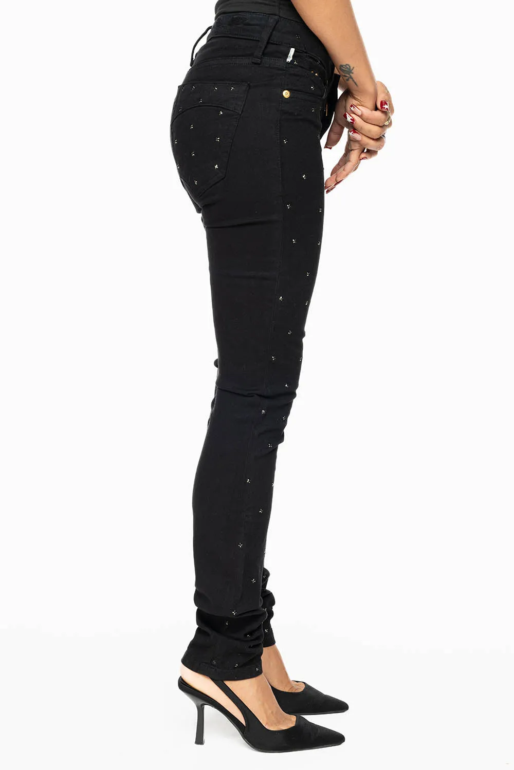 JANE MID RISE WOMENS SKINNY JEANS IN Blk WASH WITH JET BLK CRYSTALS ALL OVER sold by Robin's Jean product image thumbnail 3
