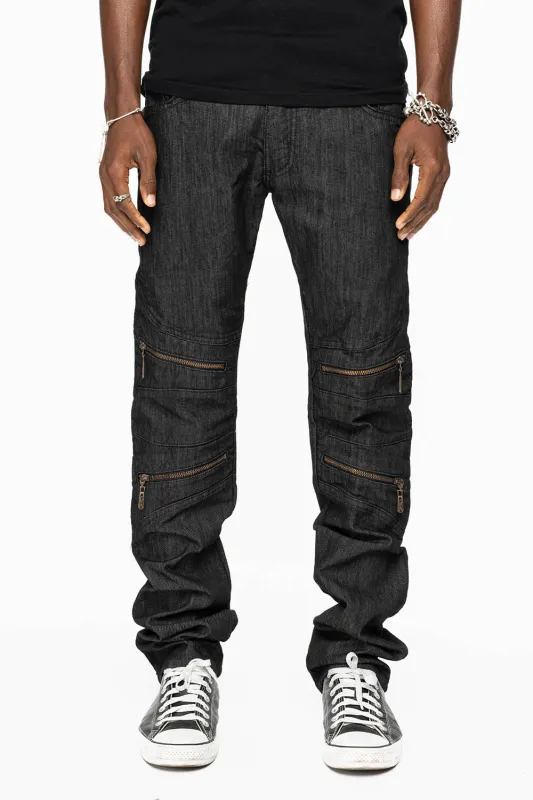 MENS LONG FLAP BIKER JEANS IN BLK DENIM WITH SMOKY ROPAZ CRYSTALS sold by Robin's Jean