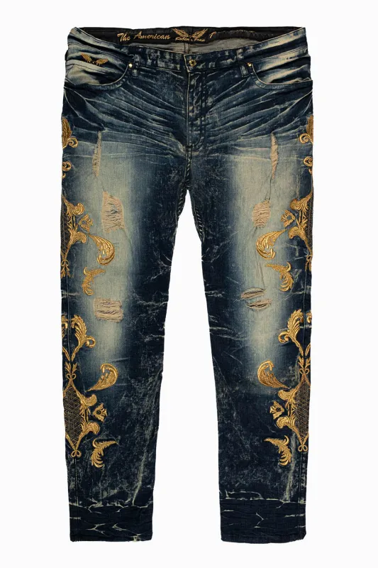 SLIM JEANS IN 5D DARK BROKEN BLUE WASH WITH GOLD EMBROIDERY sold by Robin's Jean