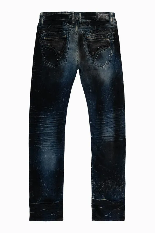 MENS  FLAP POCKET SLIM JEANS IN  DARK BLUE 5D SEMI COATING WASH WITH CRYSTALS sold by Robin's Jean