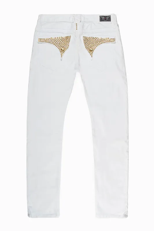 LONG FLAP SLIM FIT MENS JEANS WITH AURUM CRYSTALS IN WHITE sold by Robin's Jean