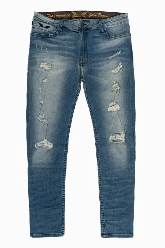 MENS SKINNY JEANS IN ELROY MEDIUM  BROKEN WASH WITH BLK WING EMBROIDERY sold by Robin's Jean