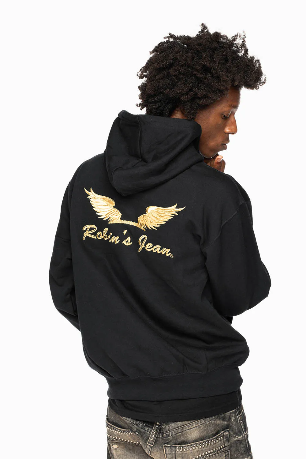 ROBIN’S JEAN PULLOVER HOODIE IN BLACK WITH GOLD WINGS EMBROIDERY sold by Robin's Jean product image thumbnail 5