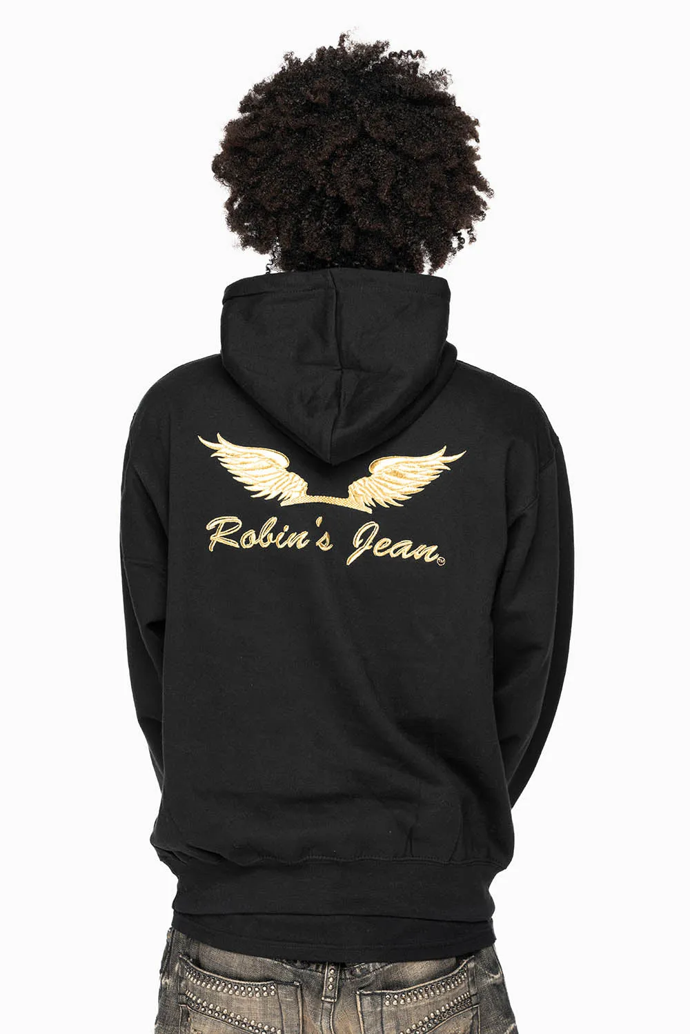 ROBIN’S JEAN PULLOVER HOODIE IN BLACK WITH GOLD WINGS EMBROIDERY sold by Robin's Jean product image thumbnail 2