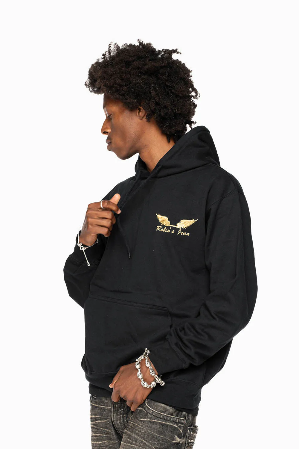 ROBIN’S JEAN PULLOVER HOODIE IN BLACK WITH GOLD WINGS EMBROIDERY sold by Robin's Jean product image thumbnail 4