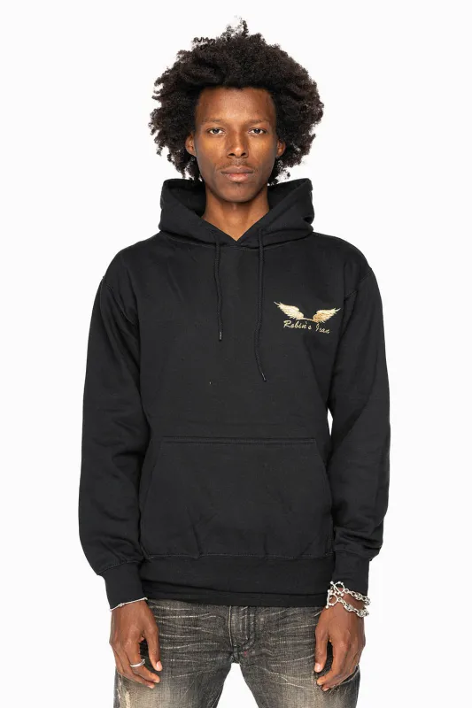 ROBIN’S JEAN PULLOVER HOODIE IN BLACK WITH GOLD WINGS EMBROIDERY sold by Robin's Jean