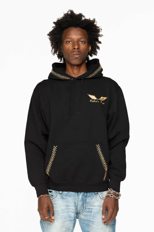 ROBIN’S JEAN PULLOVER HOODIE IN BLACK EMBELLISHED WITH CRYSTALS AND NAILHEADS made by Robin's Jean