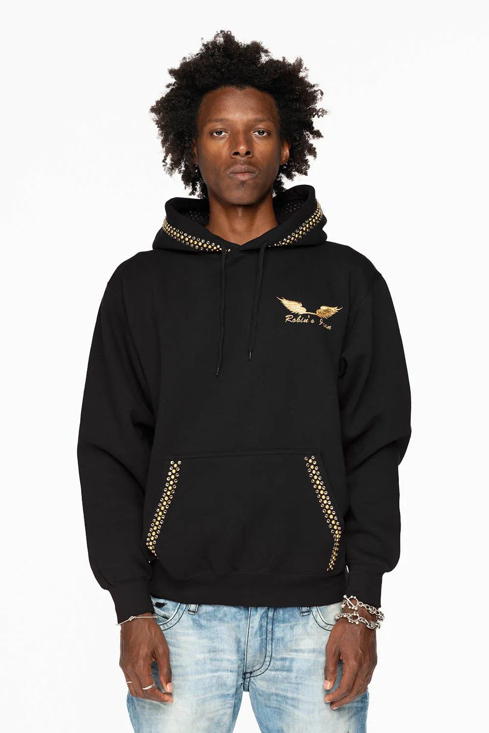 ROBIN’S JEAN PULLOVER HOODIE IN BLACK EMBELLISHED WITH CRYSTALS AND NAILHEADS sold by Robin's Jean