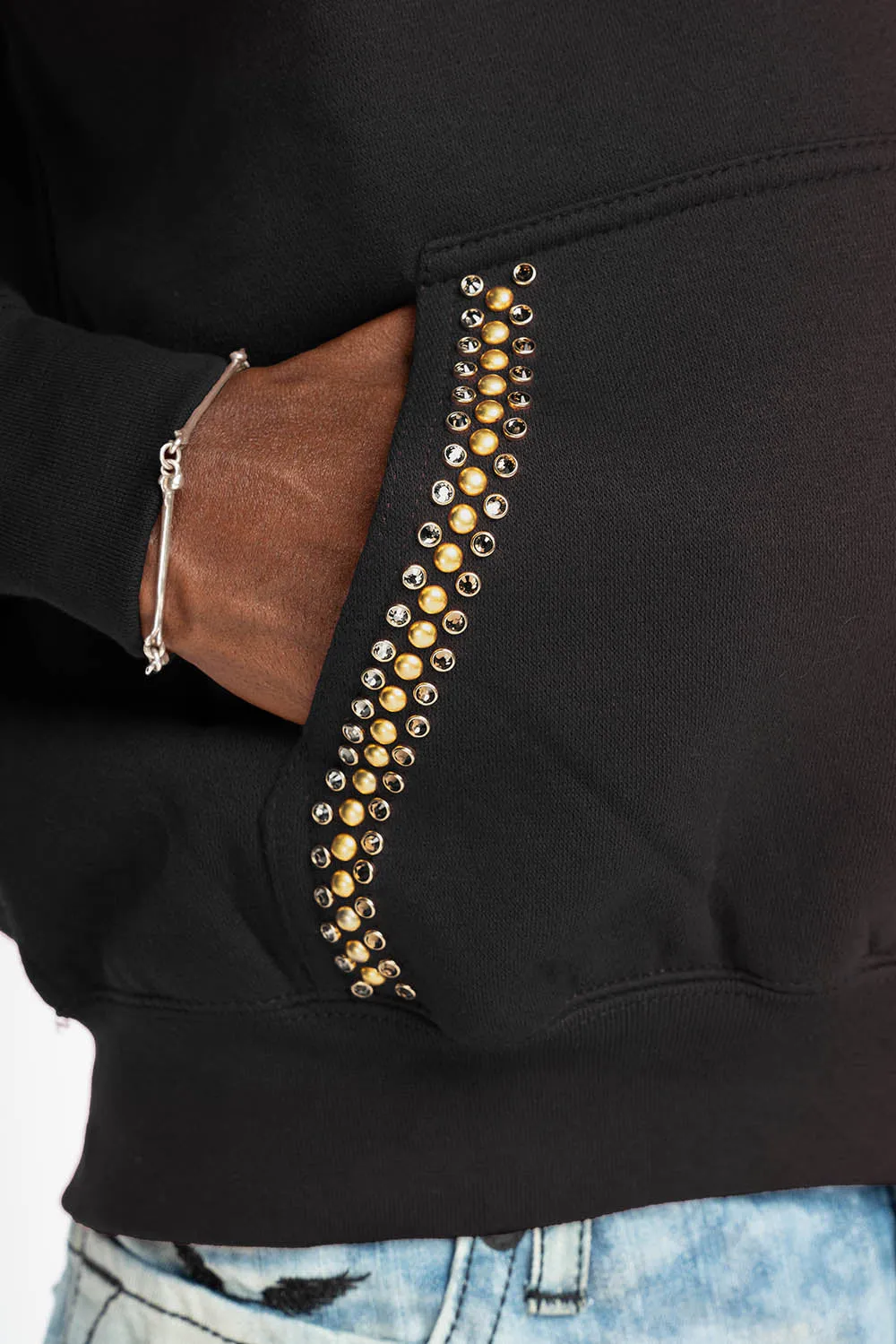ROBIN’S JEAN PULLOVER HOODIE IN BLACK EMBELLISHED WITH CRYSTALS AND NAILHEADS sold by Robin's Jean product image thumbnail 4