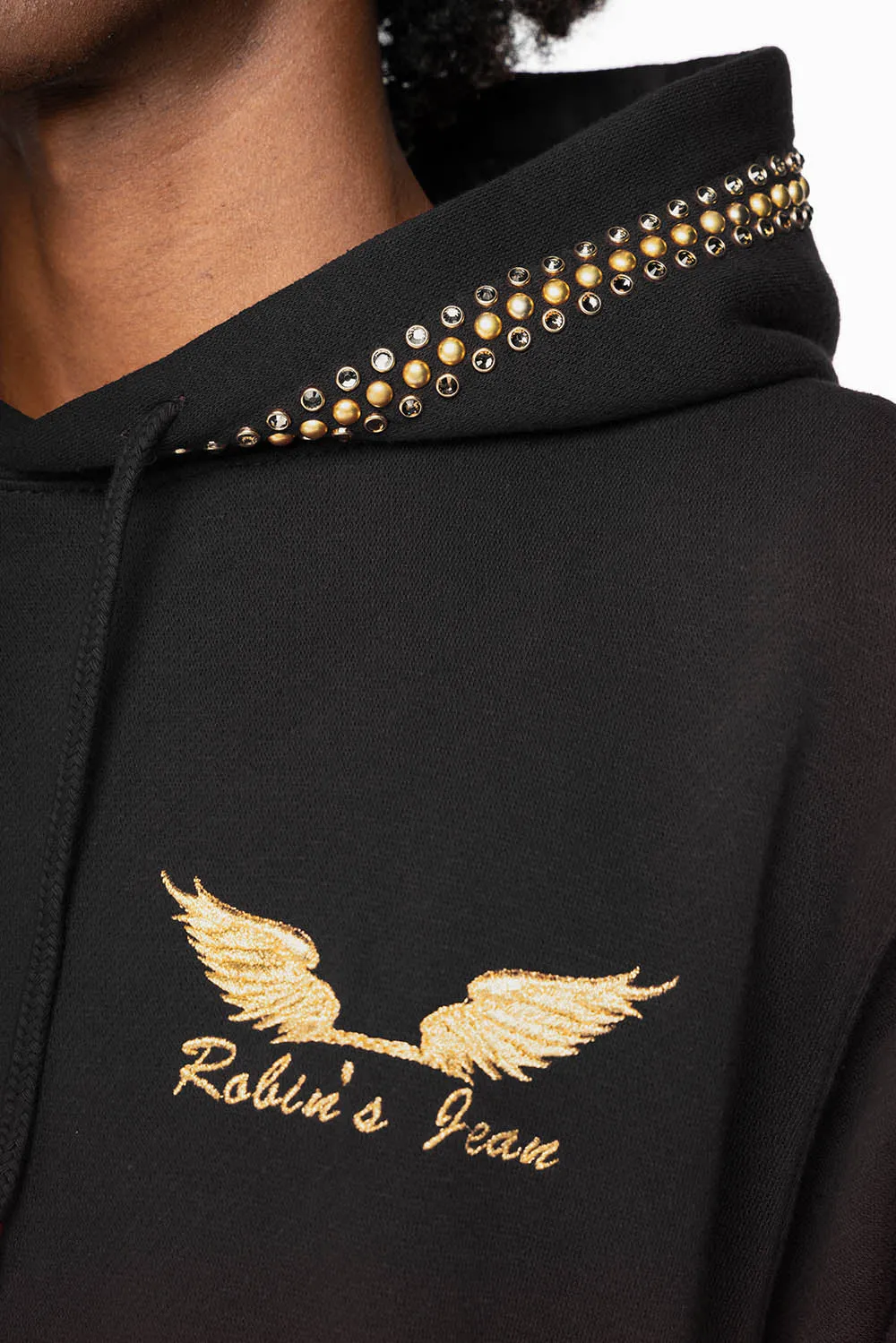 ROBIN’S JEAN PULLOVER HOODIE IN BLACK EMBELLISHED WITH CRYSTALS AND NAILHEADS sold by Robin's Jean product image thumbnail 2