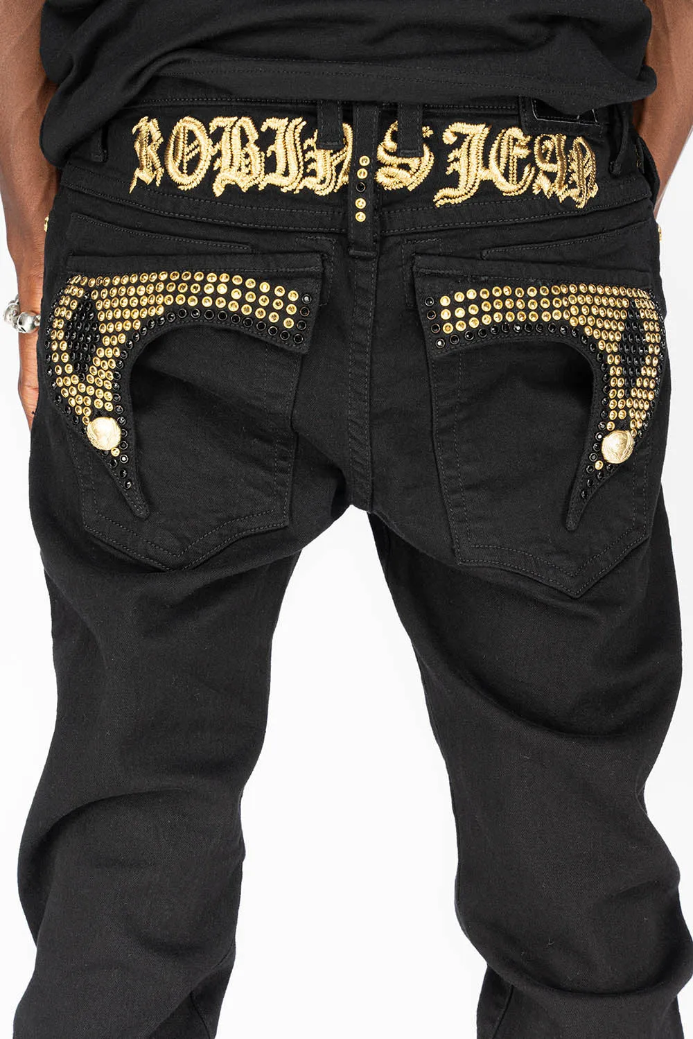 KILLER FLAP MENS SKINNY JEANS IN PURE BLACK WITH GOLD GOTHIC EMBROIDERY FULLY EMBELLISHED CRYSTALS sold by Robin's Jean product image thumbnail 2