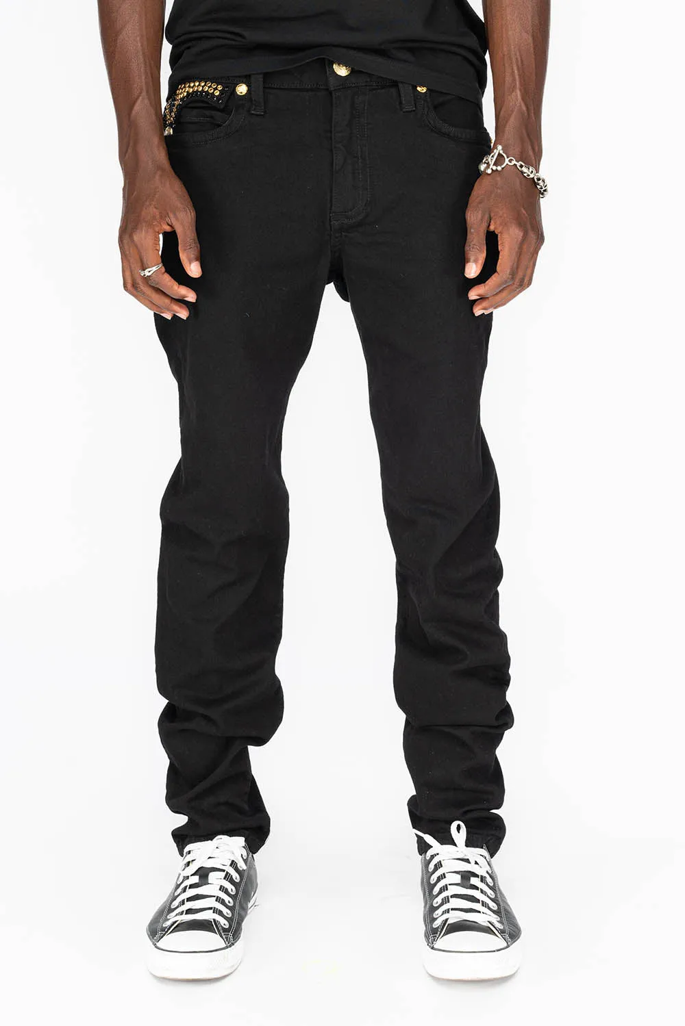 KILLER FLAP MENS SKINNY JEANS IN PURE BLACK WITH GOLD GOTHIC EMBROIDERY FULLY EMBELLISHED CRYSTALS sold by Robin's Jean product image thumbnail 5