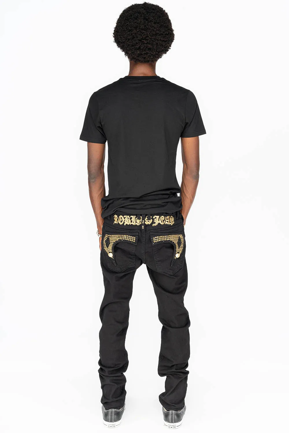 KILLER FLAP MENS SKINNY JEANS IN PURE BLACK WITH GOLD GOTHIC EMBROIDERY FULLY EMBELLISHED CRYSTALS sold by Robin's Jean product image thumbnail 3