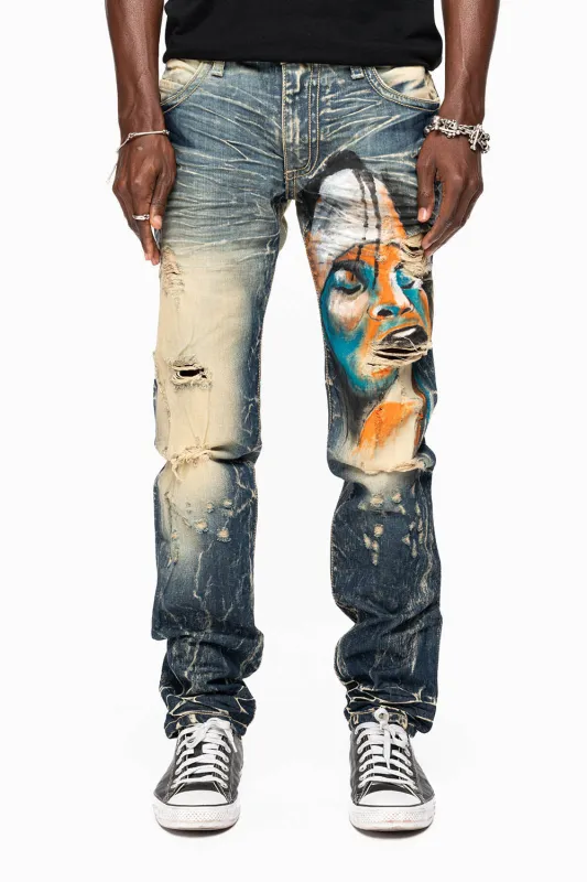 MENS LONG FLAP SLIM JEANS IN 5D DARK BROKEN WASH WITH HAND ORG PAINTED GRAPHI made by Robin's Jean