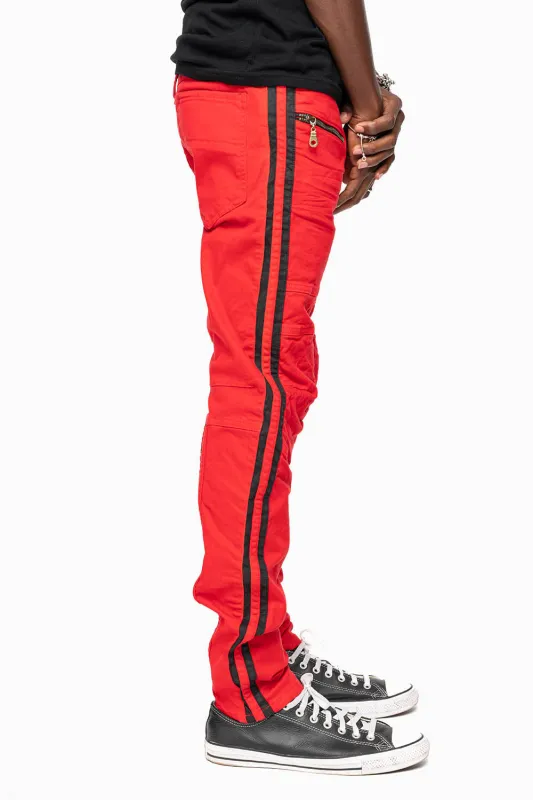 MENS BIKER JEANS IN RED SP FABRIC WITH BLK STRIPES made by Robin's Jean