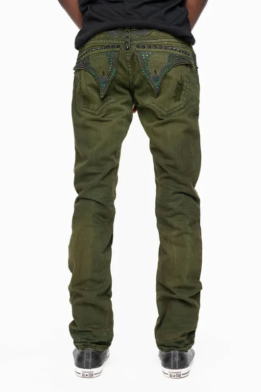 MENS LONG FLAP SLIM JEANS WITH STUDS AND CRYSTALS IN 4D GREEN ARMY WASH sold by Robin's Jean