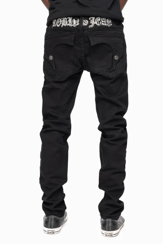 KILLER FLAP MENS SKINNY JEANS IN PURE BLACK WITH SILVER O.E. LOGO sold by Robin's Jean