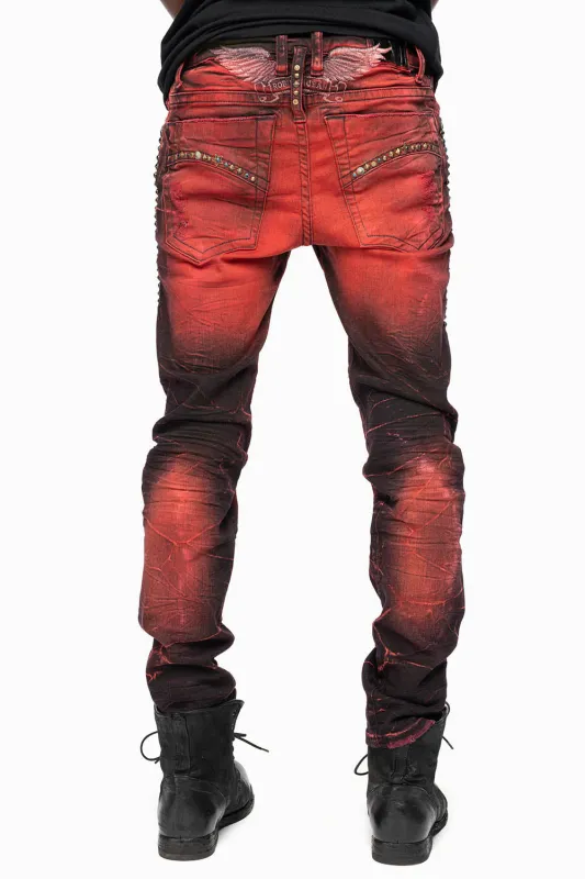 SKINNY MENS JEANS IN 4D DARK MALBEC  BROKEN BACKING WASH WITH LARGE CRYSTALS & STUDS sold by Robin's Jean