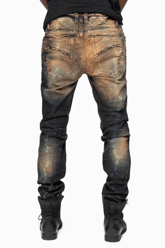 SKINNY MENS JEANS IN 4D DARK OXIDO BROKEN BACKING WASH WITH LARGE CRYSTALS & STUDS sold by Robin's Jean