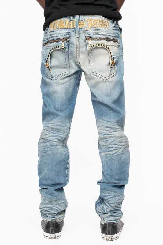 ZIPPER KILLER FLAP MENS JEANS IN ELROY MEDIUM WASH  WITH X- LARGE CRYSTALS sold by Robin's Jean