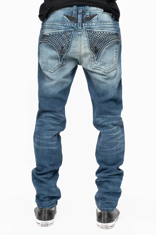 LONG FLAP MENS SKINNY JEANS IN ALBANY DARK BROKEN WASH WITH MONTANA BLUE AND SMOKY TOPAZ CRYSTALS sold by Robin's Jean