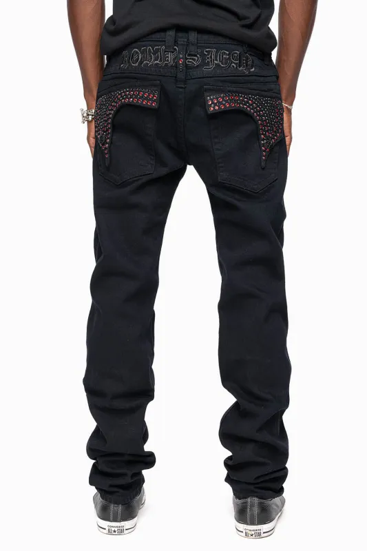 KILLER FLAP SKINNY JEANS FULLY EMBELISHED WITH CRYSTALS IN PURE BLACK WITH GOTHIC EMBROIDERY sold by Robin's Jean