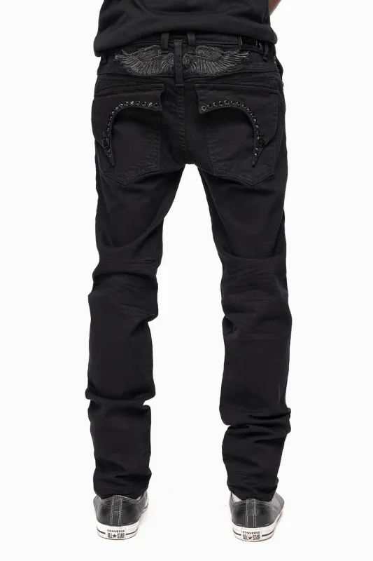 KILLER FLAP MENS SLIM JEANS IN PURE BLACK WASH WITH LARGE JET BLK CRYSTALS sold by Robin's Jean