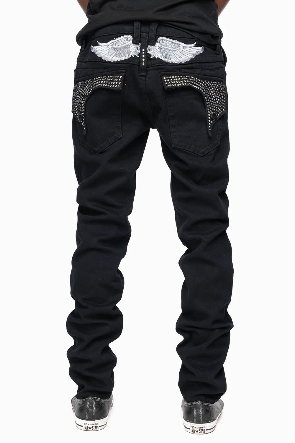 KILLER FLAP MENS SKINNY JEANS IN PURE BLACK WITH SILVER WINGS AND FULL BLK DIAMOND CRYSTALS sold by Robin's Jean product image thumbnail 5