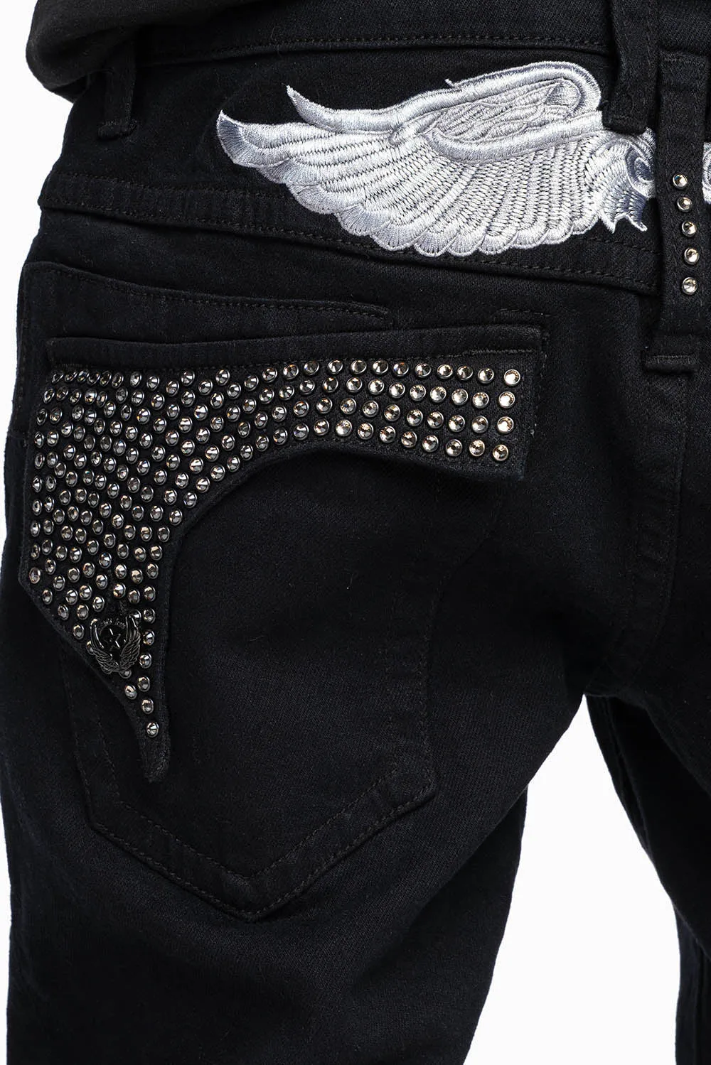 KILLER FLAP MENS SKINNY JEANS IN PURE BLACK WITH SILVER WINGS AND FULL BLK DIAMOND CRYSTALS sold by Robin's Jean product image thumbnail 2