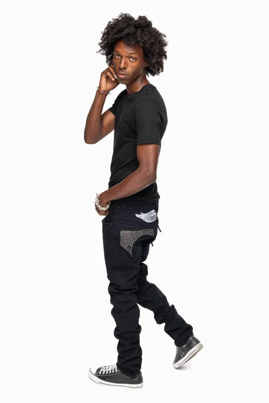 KILLER FLAP MENS SKINNY JEANS IN PURE BLACK WITH SILVER WINGS AND FULL BLK DIAMOND CRYSTALS sold by Robin's Jean
