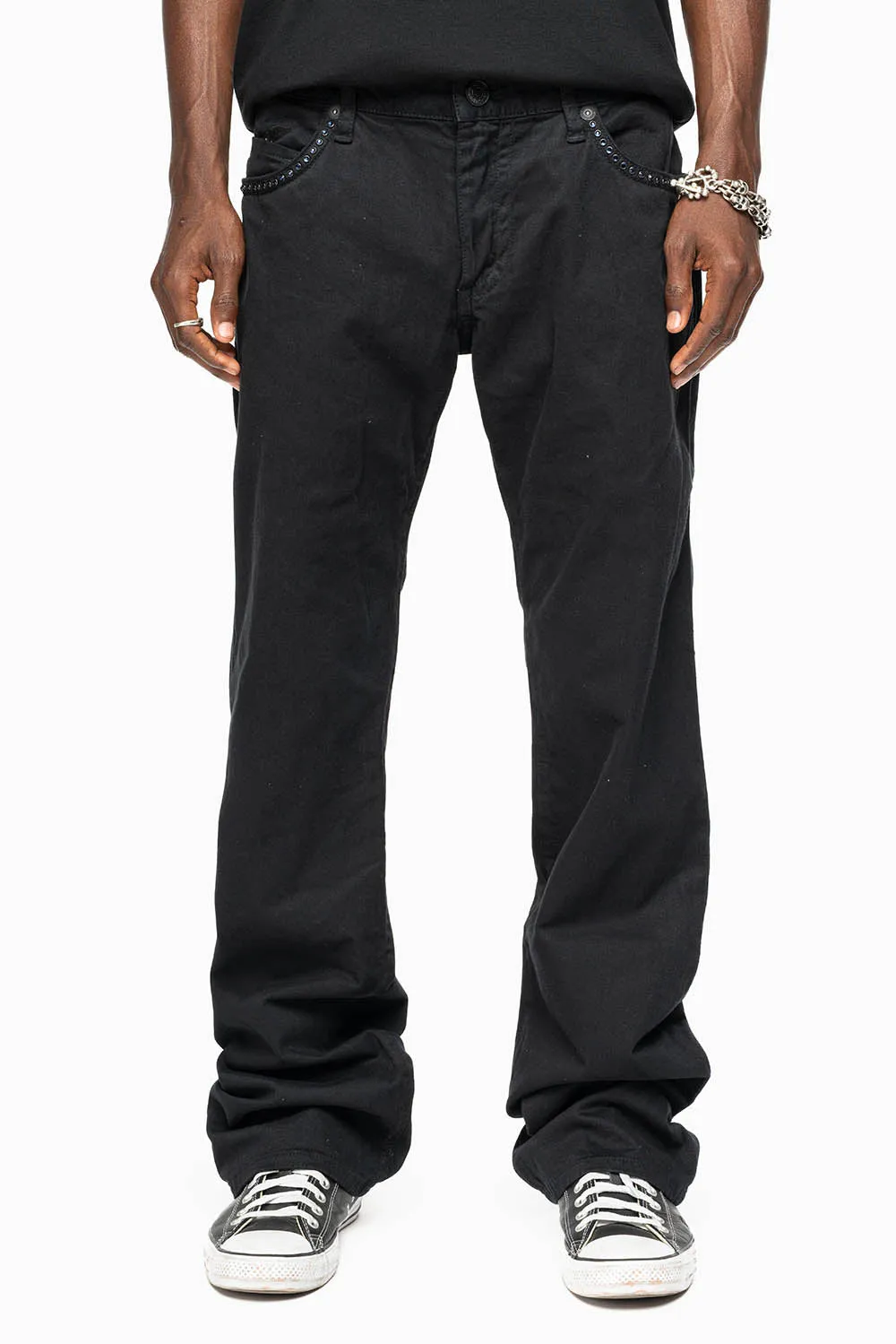 MENS CLASSIC STRAIGHT LEG LONG FLAP JEANS WITH MONTANA BLUE AND RED CRYSTALS IN PURE BLK sold by Robin's Jean product image thumbnail 5
