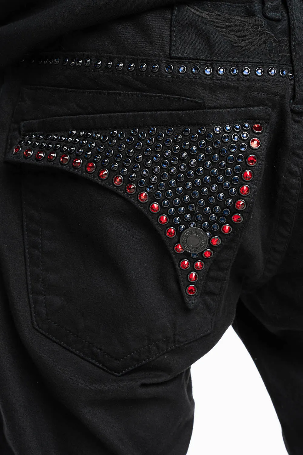 MENS CLASSIC STRAIGHT LEG LONG FLAP JEANS WITH MONTANA BLUE AND RED CRYSTALS IN PURE BLK sold by Robin's Jean