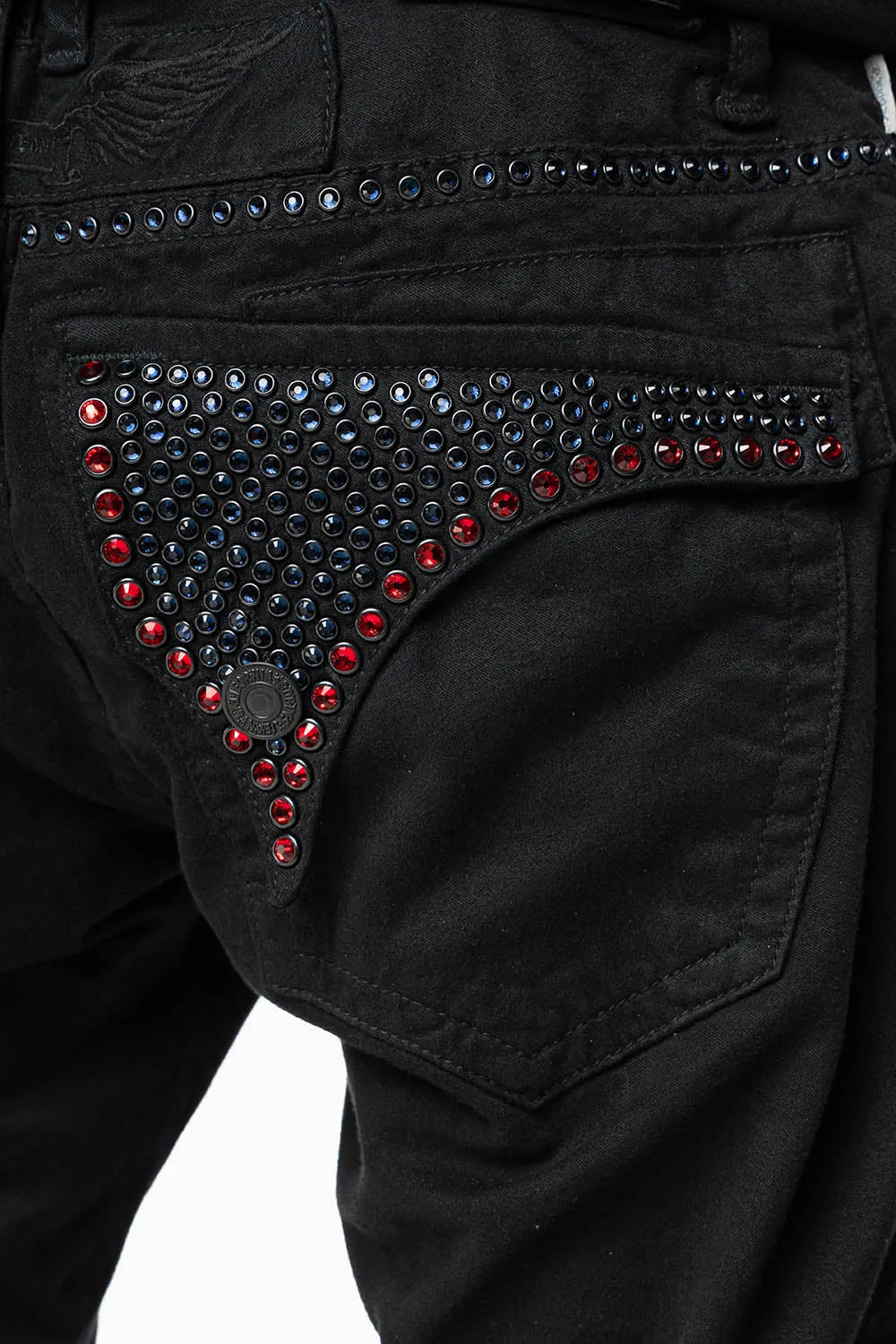 MENS CLASSIC STRAIGHT LEG LONG FLAP JEANS WITH MONTANA BLUE AND RED CRYSTALS IN PURE BLK sold by Robin's Jean product image thumbnail 4