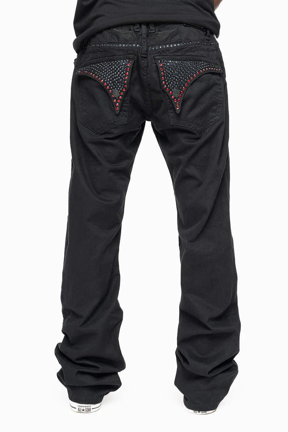 MENS CLASSIC STRAIGHT LEG LONG FLAP JEANS WITH MONTANA BLUE AND RED CRYSTALS IN PURE BLK sold by Robin's Jean product image thumbnail 2