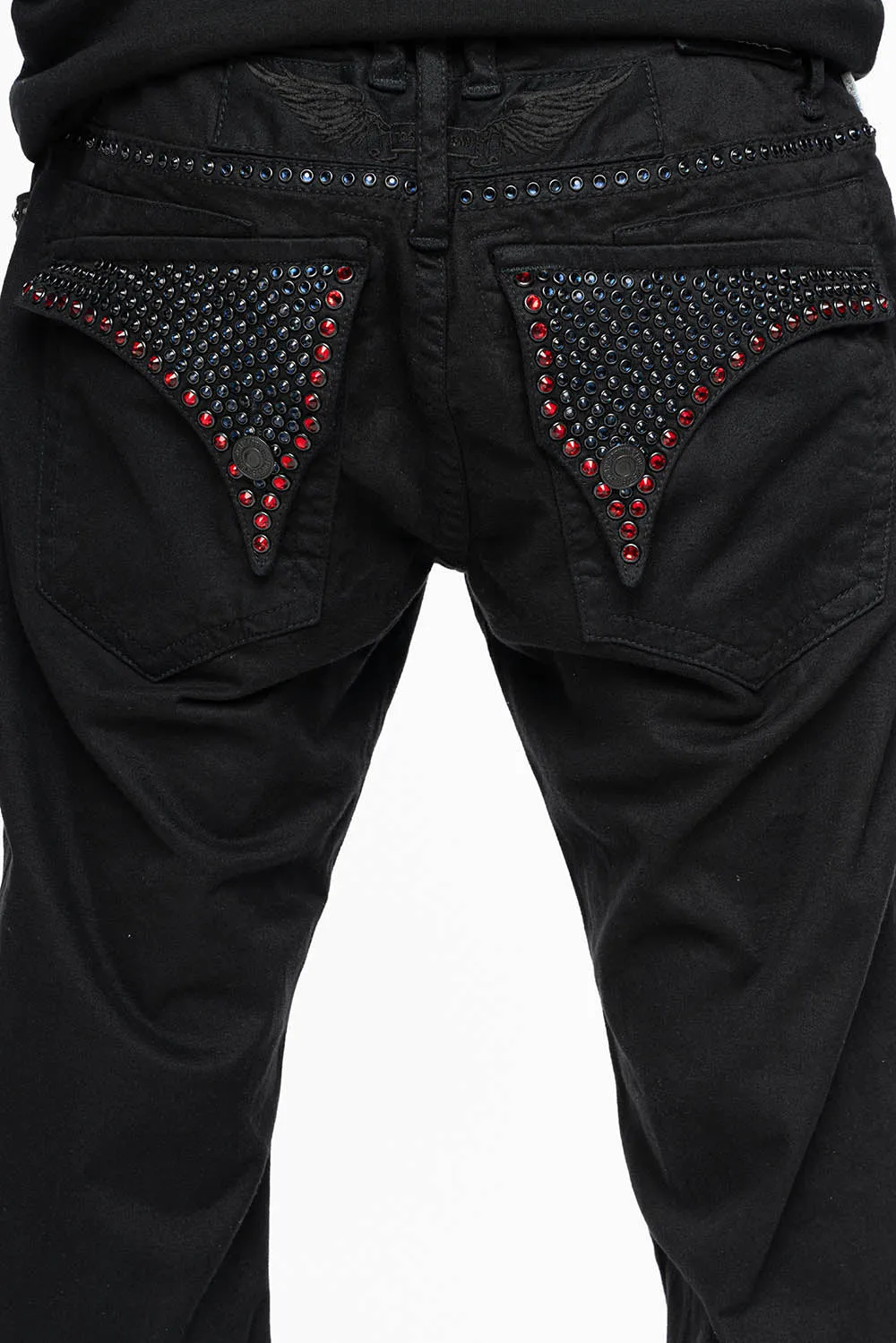 MENS CLASSIC STRAIGHT LEG LONG FLAP JEANS WITH MONTANA BLUE AND RED CRYSTALS IN PURE BLK sold by Robin's Jean product image thumbnail 3