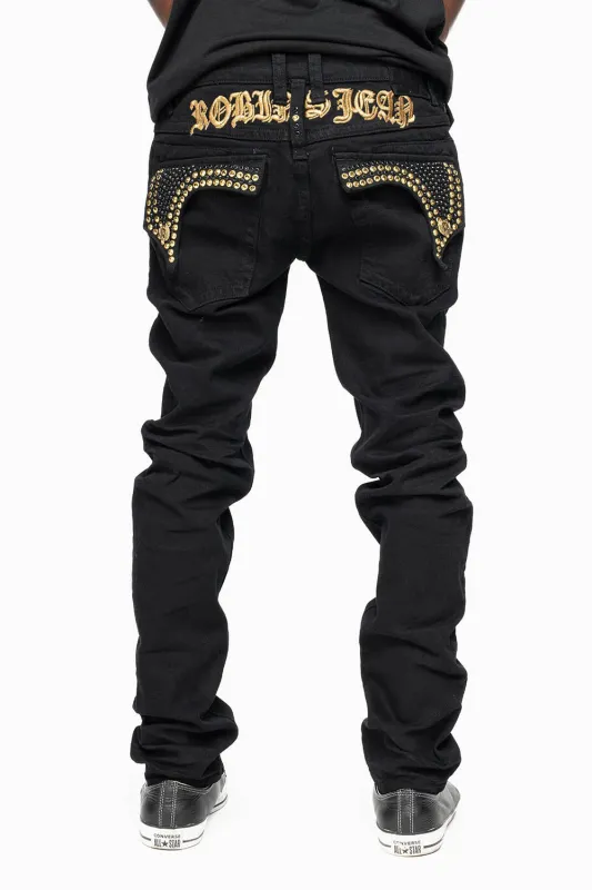 KILLER FLAP SKINNY JEANS FULLY EMBELLISHED WITH  AURUM AND BLK CRYSTALS IN PURE BLACK WITH  GOLD GOTHIC EMBROIDERY sold by Robin's Jean