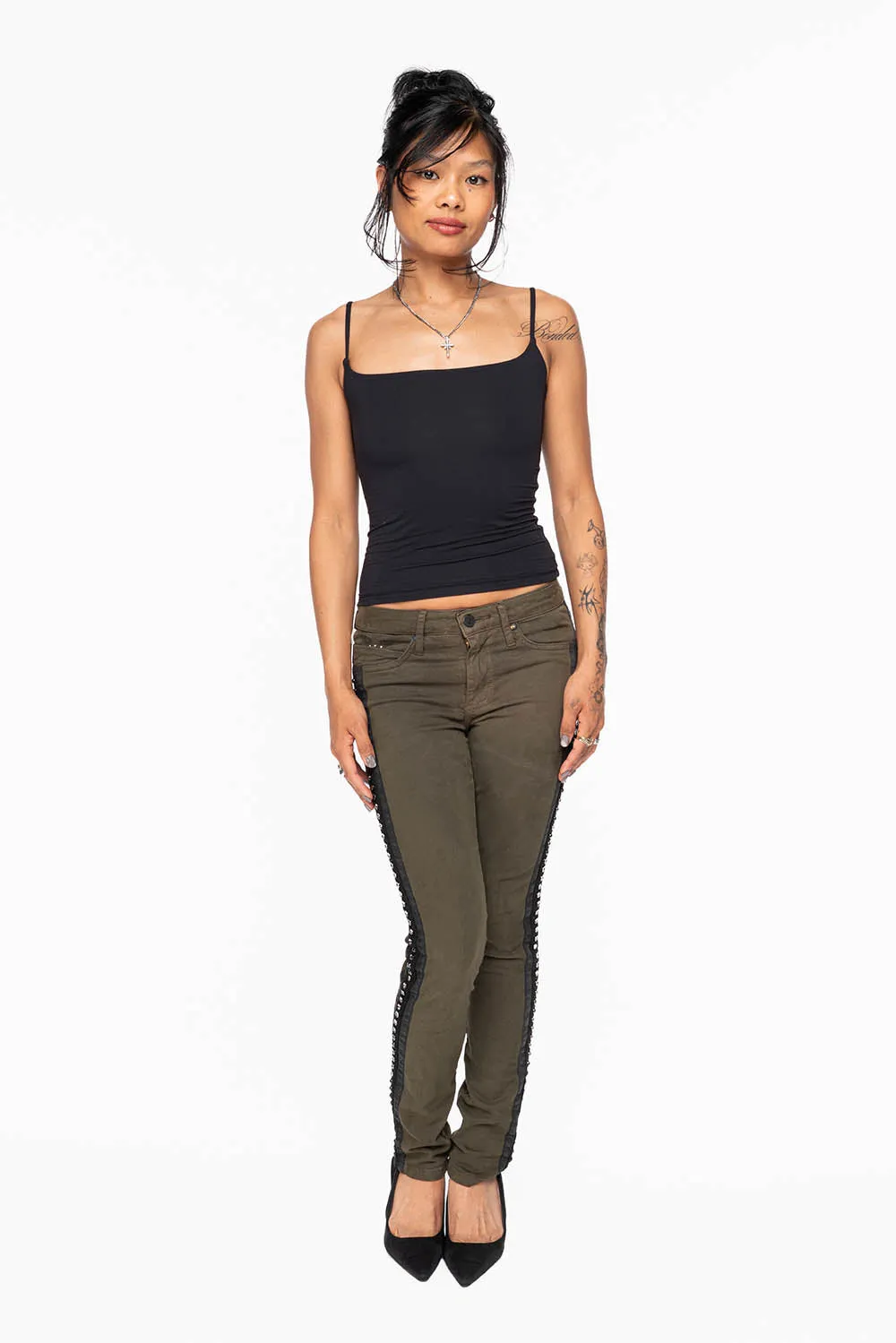 MID RISE WOMENS SKINNY DARK GREEN JEANS WITH BLACK STRIPES EMBELLISHED WITH LARGE CRYSTALS sold by Robin's Jean product image thumbnail 5