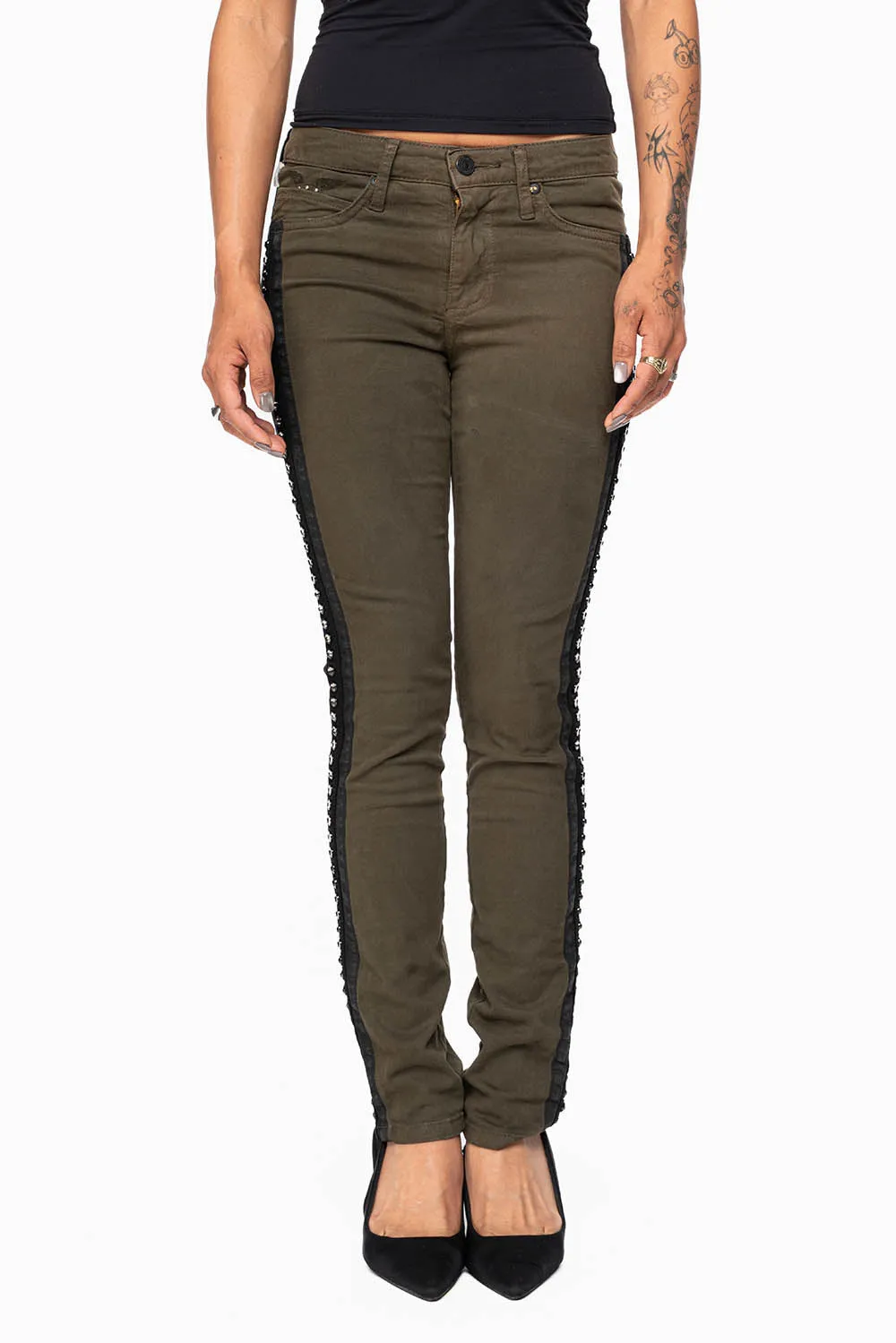 MID RISE WOMENS SKINNY DARK GREEN JEANS WITH BLACK STRIPES EMBELLISHED WITH LARGE CRYSTALS sold by Robin's Jean product image thumbnail 3