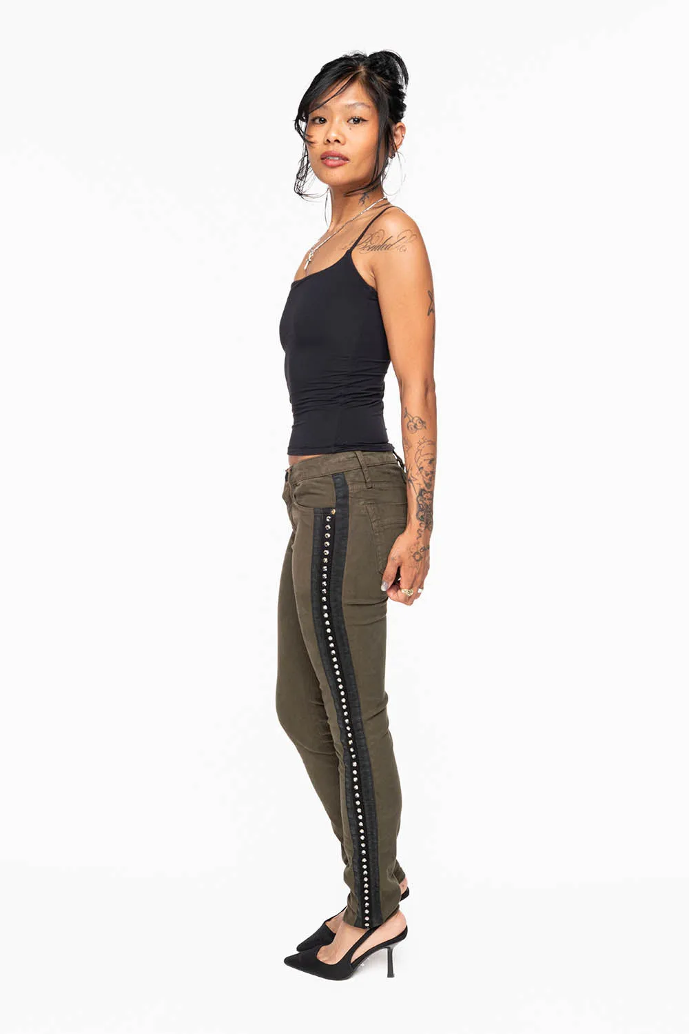 MID RISE WOMENS SKINNY DARK GREEN JEANS WITH BLACK STRIPES EMBELLISHED WITH LARGE CRYSTALS sold by Robin's Jean