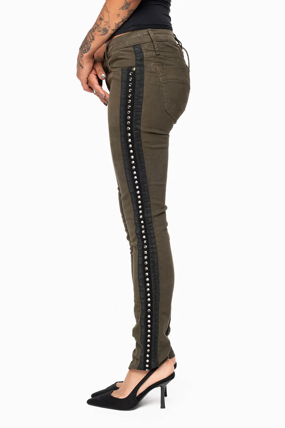 MID RISE WOMENS SKINNY DARK GREEN JEANS WITH BLACK STRIPES EMBELLISHED WITH LARGE CRYSTALS sold by Robin's Jean product image thumbnail 2