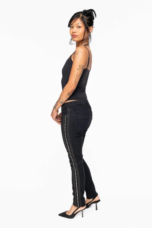 MID RISE WOMENS SKINNY BLACK JEANS WITH BLACK STRIPES EMBELLISHED WITH LARGE CRYSTALS made by Robin's Jean