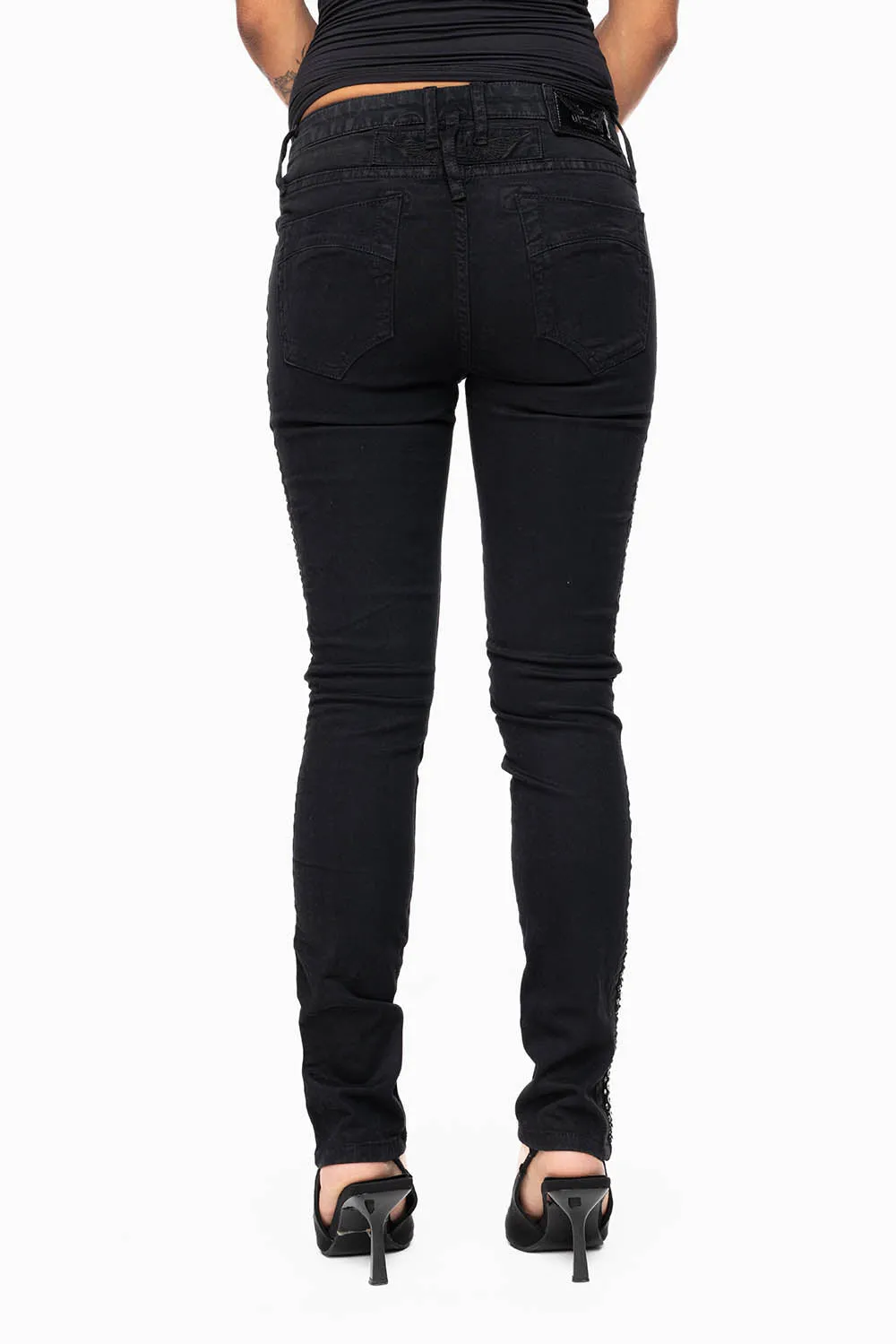 MID RISE WOMENS SKINNY BLACK JEANS WITH BLACK STRIPES EMBELLISHED WITH CRYSTALS sold by Robin's Jean product image thumbnail 4