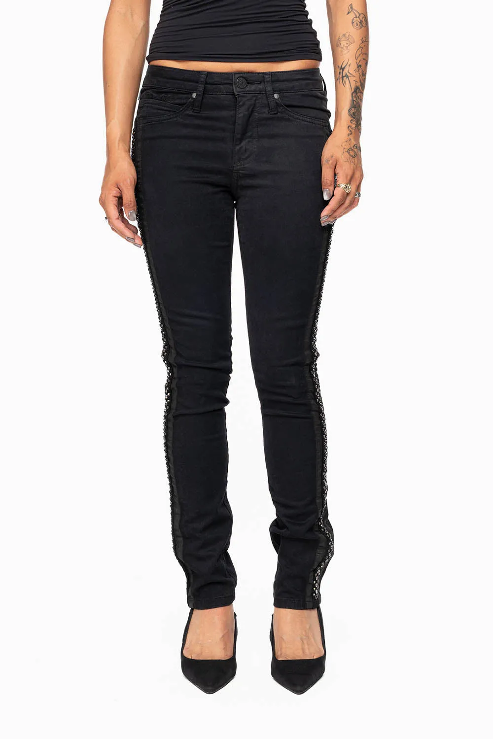 MID RISE WOMENS SKINNY BLACK JEANS WITH BLACK STRIPES EMBELLISHED WITH CRYSTALS sold by Robin's Jean product image thumbnail 5