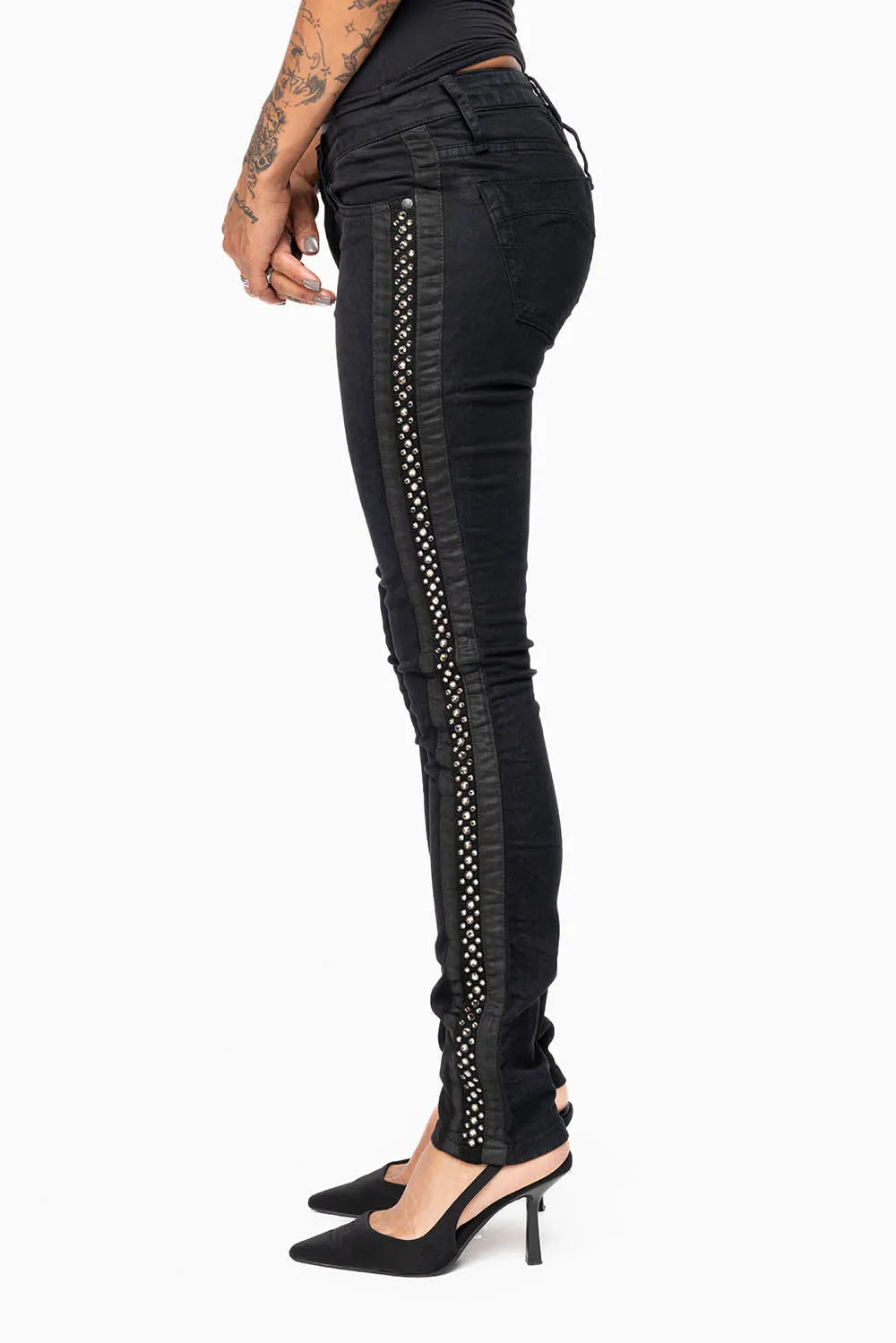 MID RISE WOMENS SKINNY BLACK JEANS WITH BLACK STRIPES EMBELLISHED WITH CRYSTALS sold by Robin's Jean product image thumbnail 3