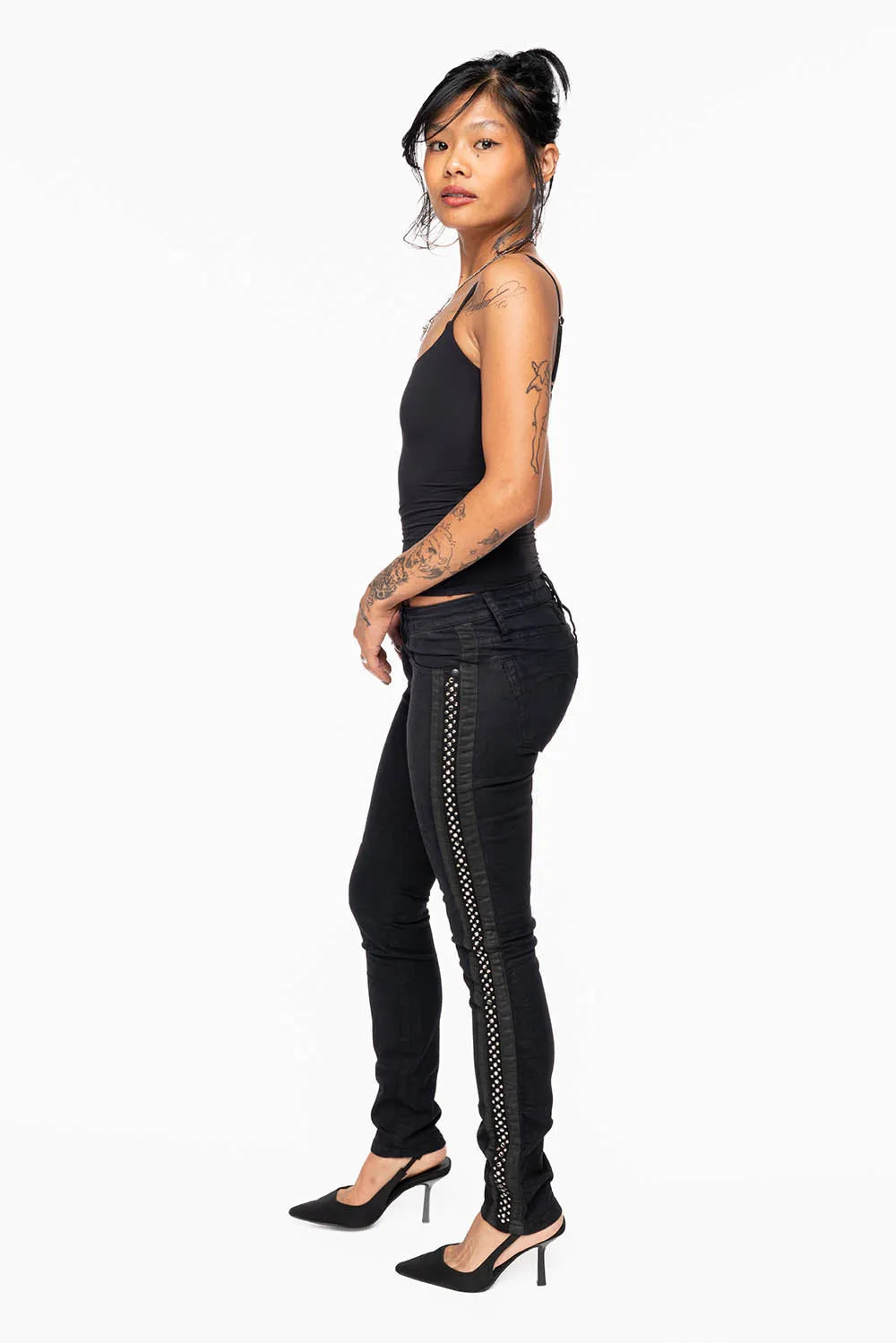 MID RISE WOMENS SKINNY BLACK JEANS WITH BLACK STRIPES EMBELLISHED WITH CRYSTALS sold by Robin's Jean